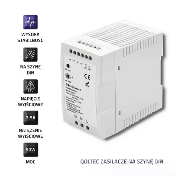 Qoltec 50914 DIN-kiskovirtalähde | 90W | 12V | 7,5A | valkoinen | ohut
