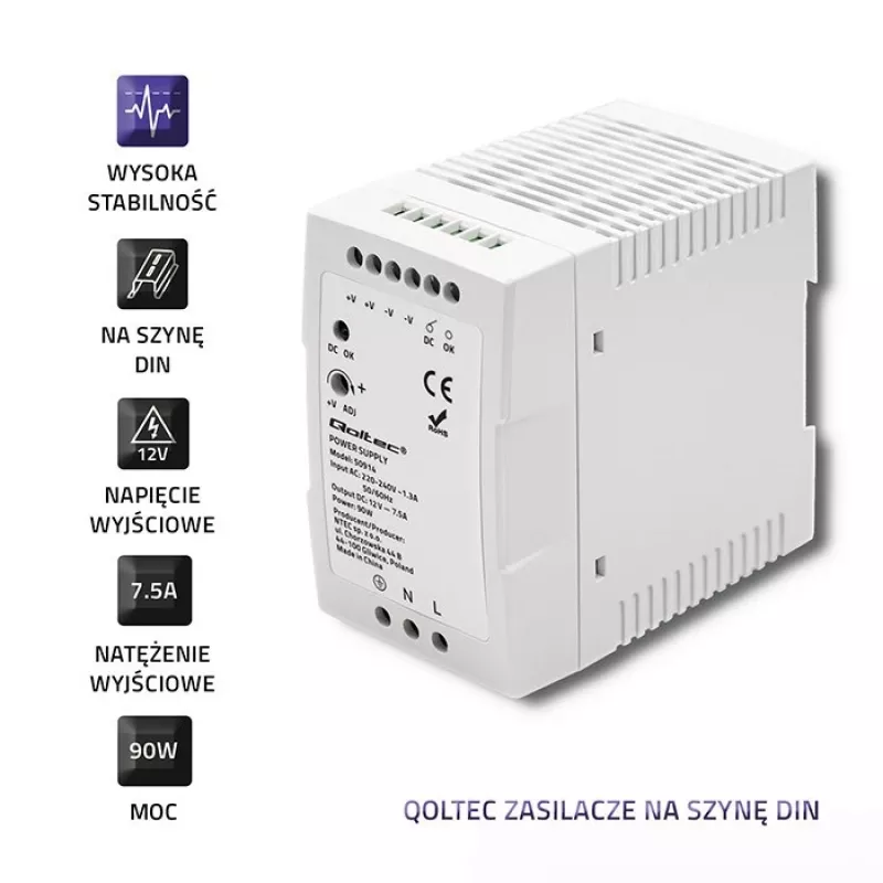Qoltec 50914 DIN-kiskovirtalähde | 90W | 12V | 7,5A | valkoinen | ohut
