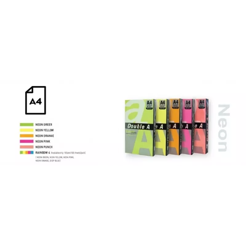 Väri neonpaperi Double A, 75 g, A4, 100 arkkia, Rainbow 4, 5 neonväriä