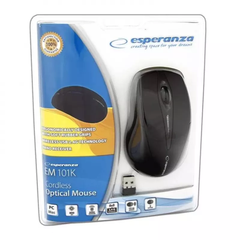 Langaton? Ei – langaton RF-hiiri ESPERANZA EM101K, molempikätinen, 1000 DPI, 2,4 GHz nano-USB-vastaanotin, musta