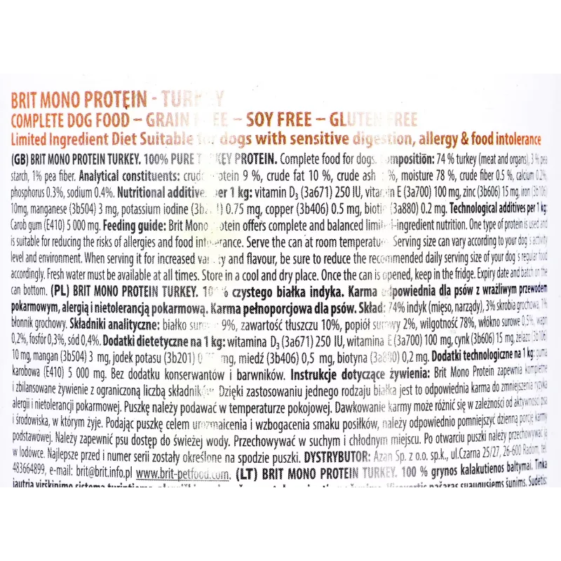BRIT Mono Protein kalkkuna - märkäruoka koirille - 400 g