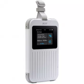 Kannettava reititin Acer Connect M6E 20 GB:llä, Dualband (2,4 GHz + 5 GHz tai 2,4 GHz + 6 GHz), Wi‑Fi 6E, 5G, IP68, 2x2 sisäiset antennit, 4 GB RAM, 2,5 GHz CPU