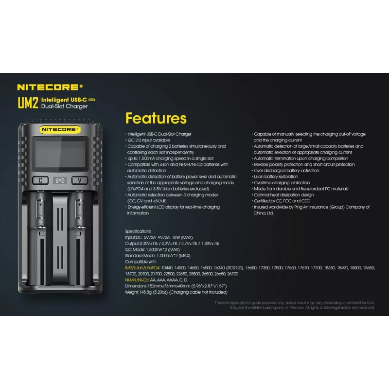 Nitecore UM2 akkulaturi kotitalousparisto DC litiumioni nikkelikadmium