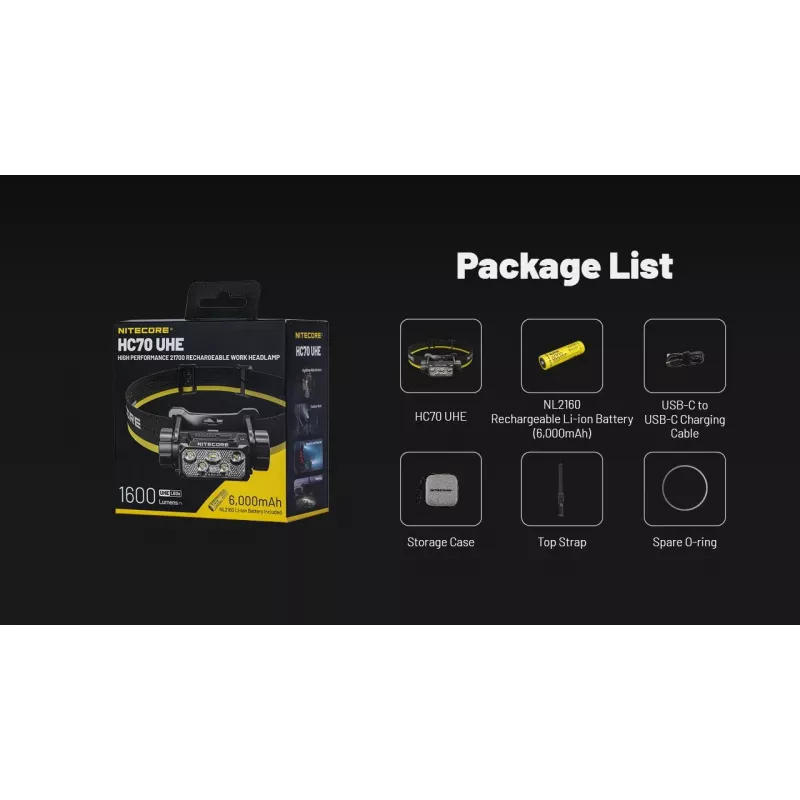 Nitecore HC70 UHE otsalamppu, 1600 lm, 6 LEDiä, IP68, USB-ladattava, alumiini, 172 g, musta