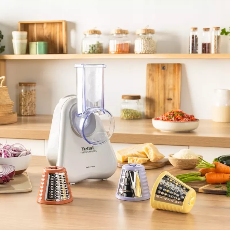 Sähköinen vihannesleikkuri Tefal Fresh Express DN853BE0 — 150 W, 3 vaihdettavaa terää, 1 nopeus, kerma