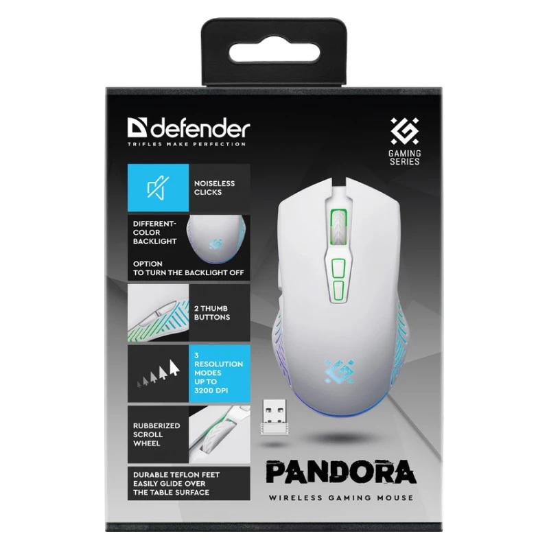 Langaton pelihiiri DEFENDER Pandora White – molempikätinen, 3200 DPI, 6 painiketta, ohjelmoitava, optinen, USB