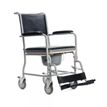 WC-pyörätuoli MDH PLW006VC — taitettava teräksinen WC-tuoli, 4 pyörää, enintään 110 kg, istuin 43×43 cm, leveys 530 mm, paino 11,2 kg