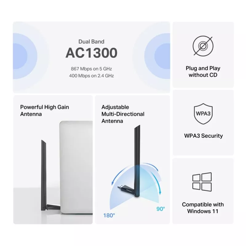 Mercusys MA30H AC1300 High Gain kaksikaistainen Wi-Fi USB -sovitin, musta