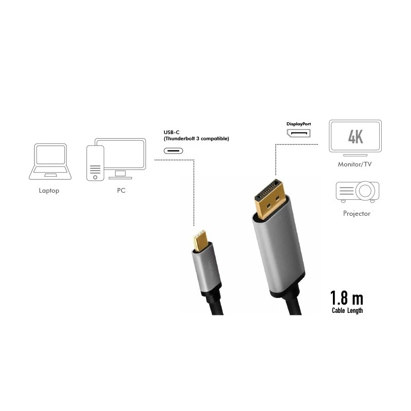 LogiLink CUA0100 kaapeliadapteri DisplayPort USB 3.2 Gen1 Type-C 1,8m musta harmaa