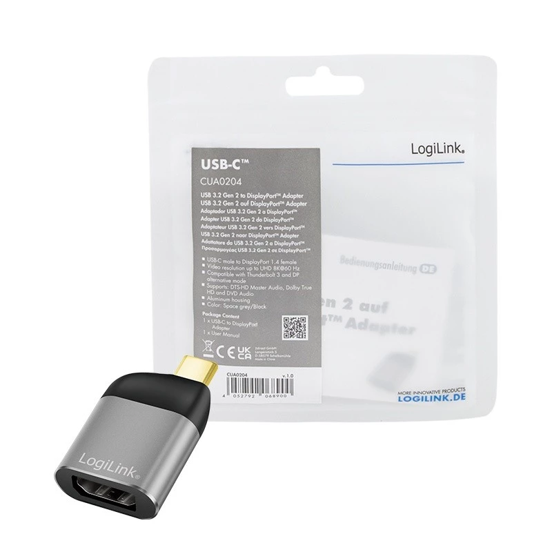 LogiLink CUA0204 USB-C - DisplayPort-sovitin musta harmaa