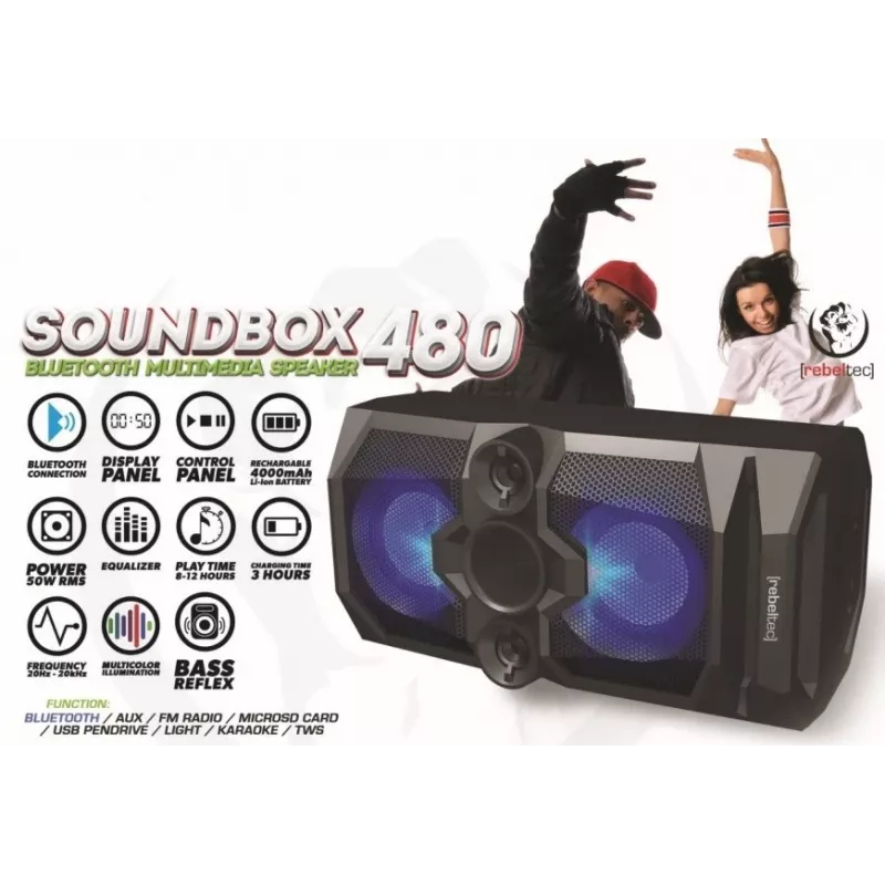 Rebeltec SoundBox 480 kannettava Bluetooth-stereokaiutin musta, 50W RMS