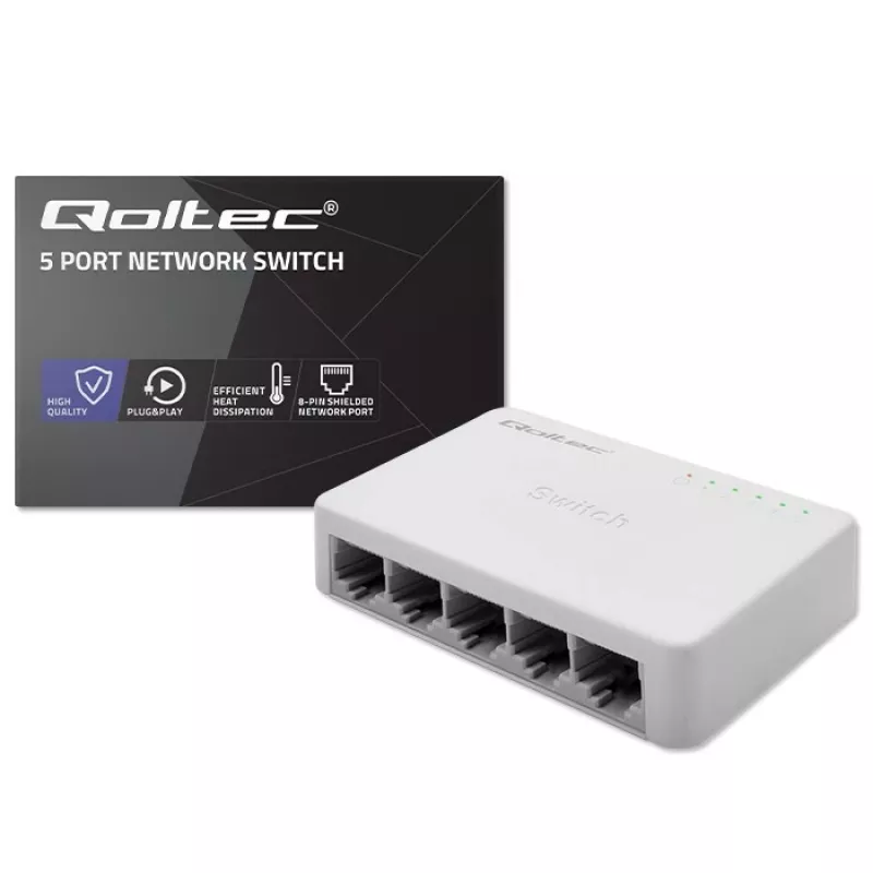 Verkkokytkin QOLTEC 52247 5 x RJ45-porttia 1000 Mbit/s Gigabit hallitsematon