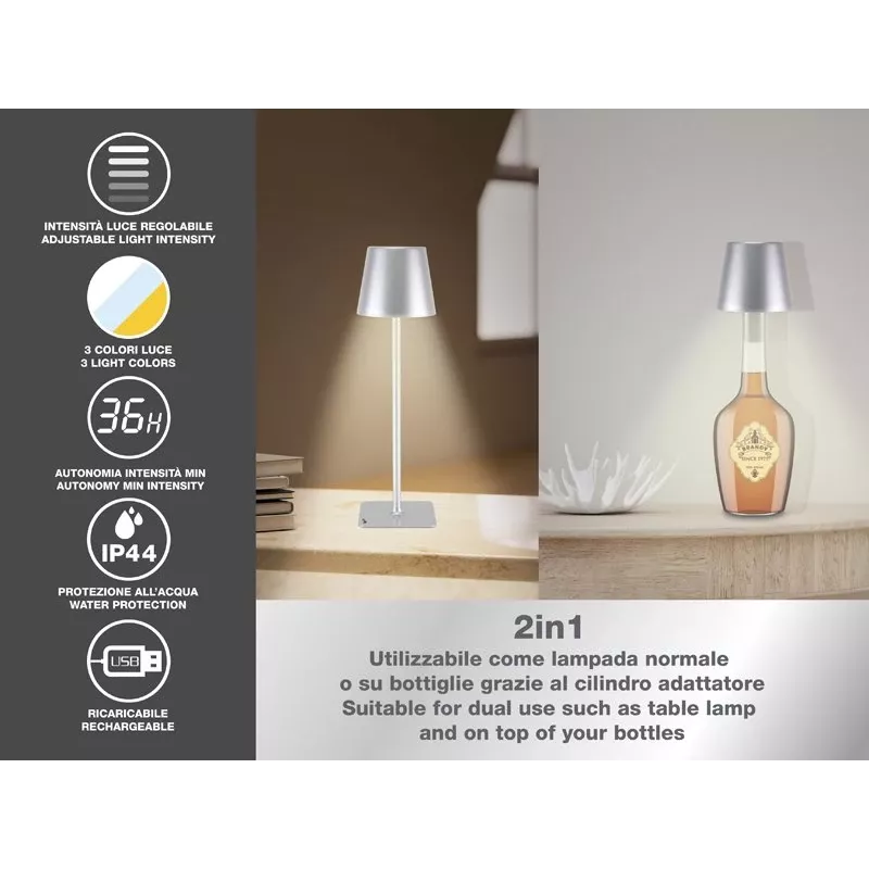 Beper P201UTP117 ladattava LED-pöytävalaisin, 1,5 W, kosketuskytkin, himmennettävä, 33 mm pullosovitin, vedenkestävä, hopea