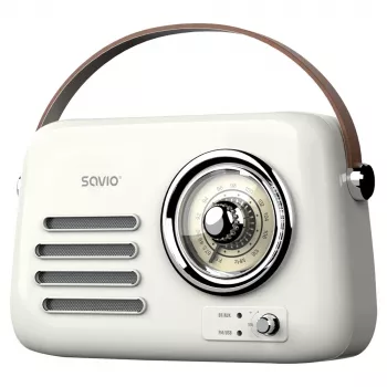 Kannettava radio SAVIO RS-02 — analoginen FM-viritin, Bluetooth 5.3, USB-virtalähde, 3 W, valkoinen