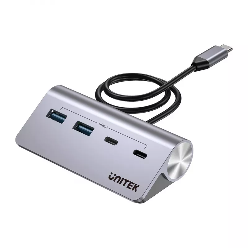 USB-keskitin Unitek H1337AGY01 – 4 porttia (2×USB-C, 2×USB-A), jopa 5 Gbit/s per portti, alumiini, hopea