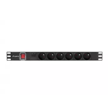 Virranjakoyksikkö LANBERG PDU-06E-0200-BK — 6x Type-E lähtöä, 16 A, 2 m kaapeli, 1HE rack, 220–250 V