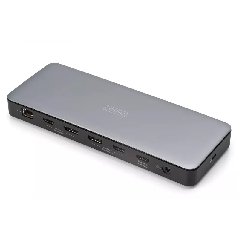 Digitus DA-70918 USB-C-telakointiasema, 13 porttia, 3x HDMI, 2x DP, 4x USB-A, 1x USB-C, RJ-45 1GbE, SD, ääni, 150 W