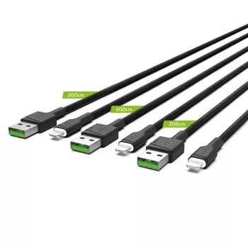 3 kpl kaapelisarja Green Cell GC Ray Lightning 200 cm valkoisella LED-valaistuksella, pikalataus Apple 2.4A