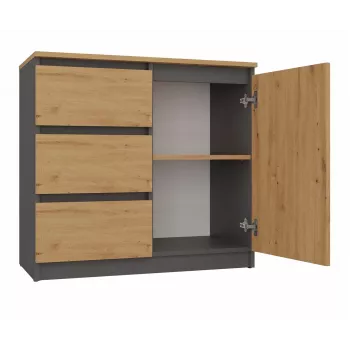 Lipasto Top e Shop Topeshop 1D3S ANT/ART BA KPL — antrasiitti ja tammi, 3 laatikkoa, lastulevyrunko