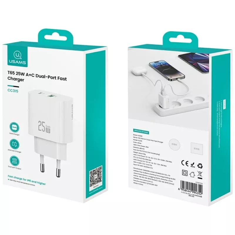 Laturi usams USA001630 25W, 1× USB-A + 1× USB-A, pikalataus