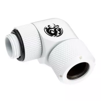 Liitin BitsPower BP-DWE90RMLA12 — messinki 90° kulmaliitin, valkoinen, Ø 12 mm