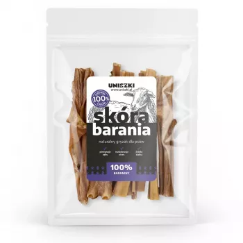 Koiranherkku UNISZKI lampaan nahka 100 g — hypoallergeeninen lampaan pureskeltava, 100 g pussi, proteiini 50,79 %, rasva 36,37 %
