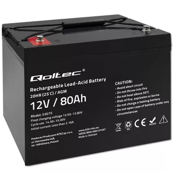 Qoltec AGM-akku | 12V | 80Ah | 23.5kg | huoltovapaa | tehokas | LongLife | UPS-, matkailuauto-, vene- ja lämmitinkäyttöön