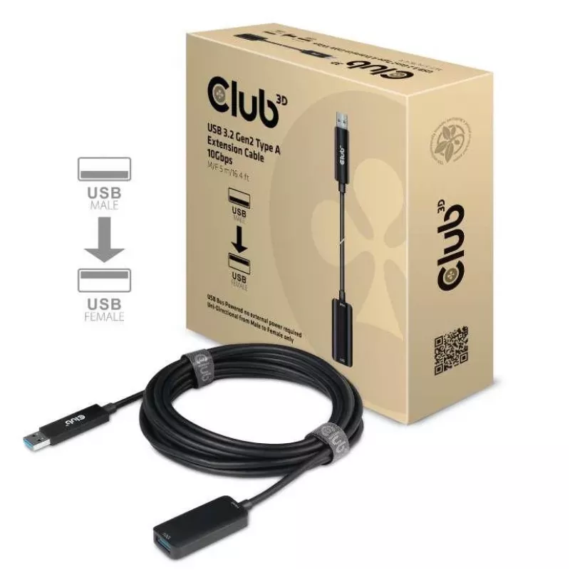 CLUB3D USB 3.2 Gen2 Type-A jatkokaapeli 10 Gbit/s M/F 5 m