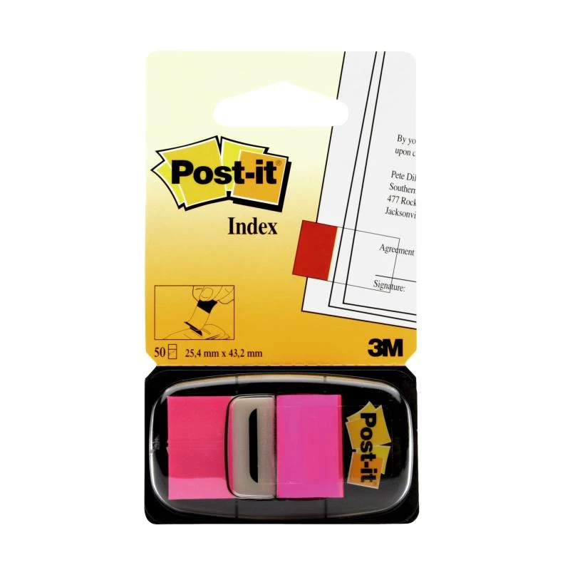 3M Post-it Index pinkki, ohut, 50 tarraa mitat, 25,4 x 43,2 mm, kertakäyttöannostelijassa (I680-21)