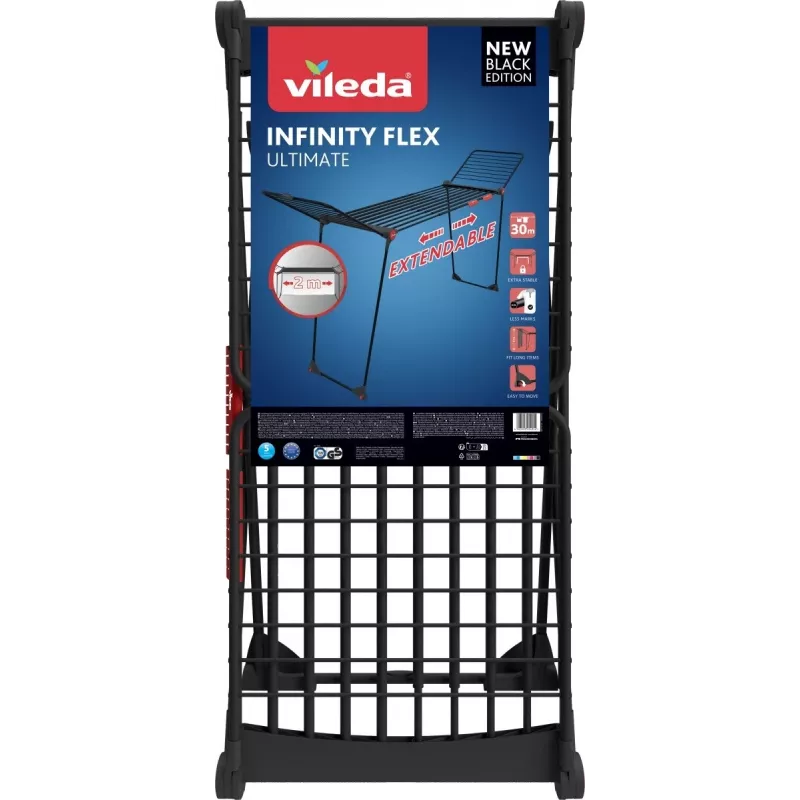Kuivausteline VILEDA Infinity Flex Ultimate Teleskooppi — musta, pinnoitettu alumiini, 30 m kuivausala, taitettava, rullat