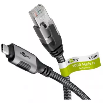 Wentronic goobay - verkkokaapeli - 24-pin USB-C (uros) - RJ-45 (uros) - 1,0 m - 6 mm - FTP - CAT 6 - USB 3.1 - punottu kaapeli - musta, hopea (70696)