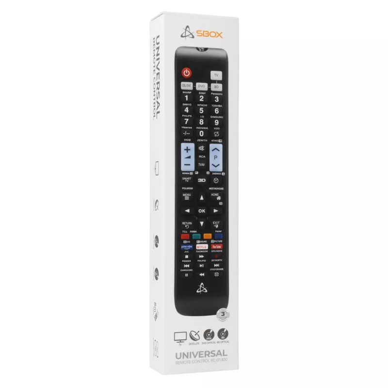 Kaukosäädin SBOX RC-01400 – yleiskorvaava televisioille, digibokseille ja DVD-soittimille