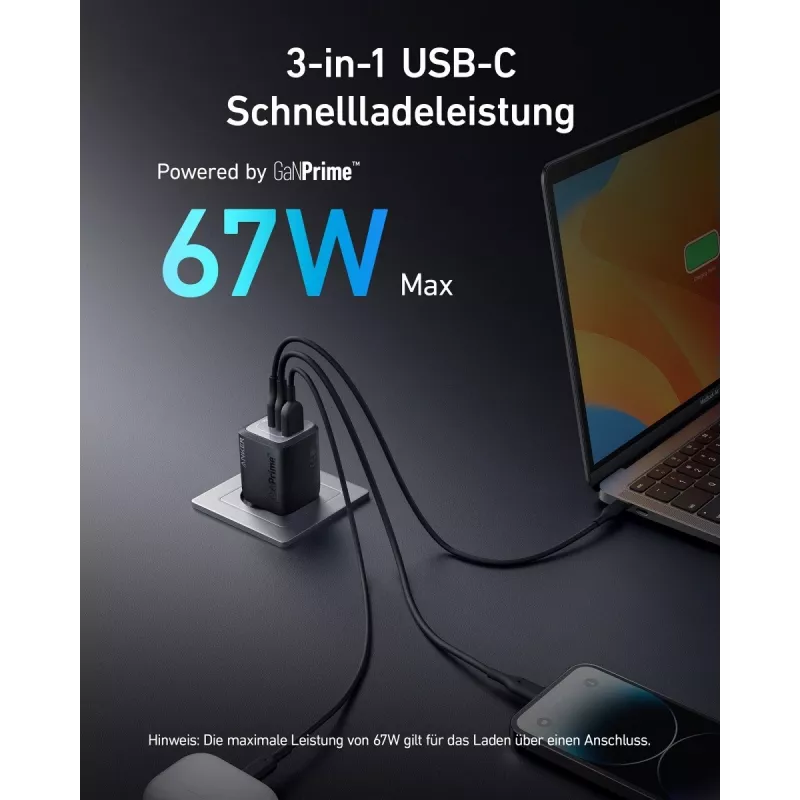 Sisäkäyttöön USB-pikalaturi Anker Prime A2669313 – 67 W, 1×USB-A, 2×USB-C, musta