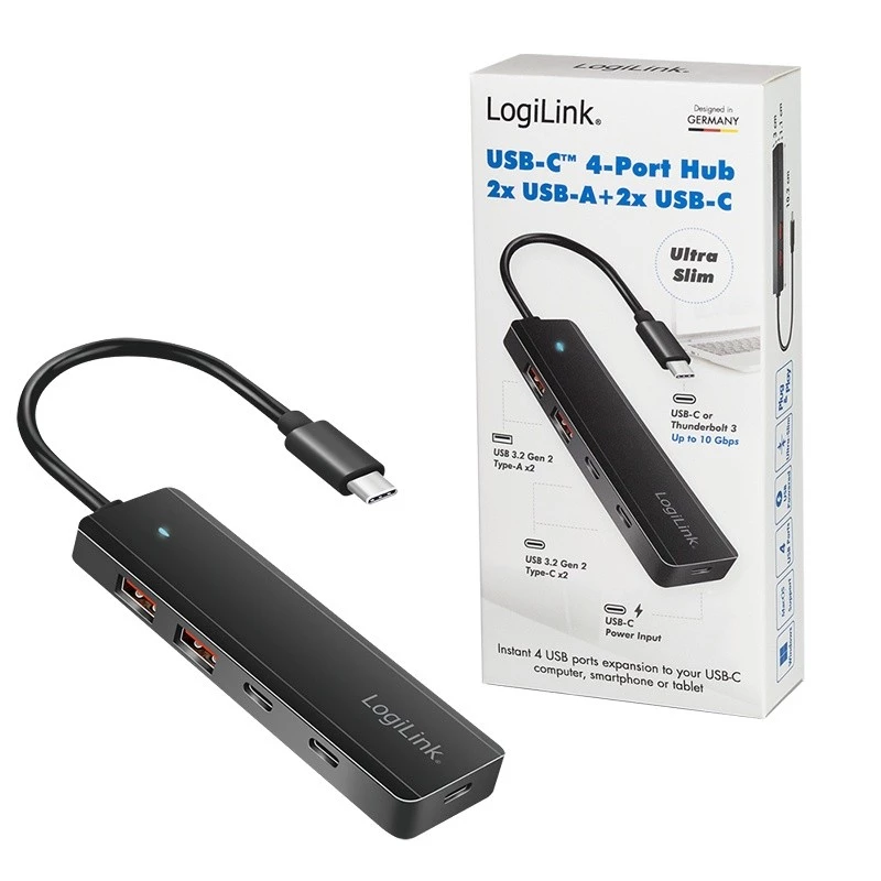 USB-C-keskitin, 4 porttia 2x USB-A, 2x USB-C, musta