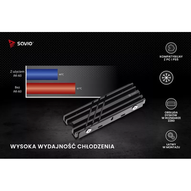 SAVIO AK-60 M.2 NVMe 2280 -levyn jäähdytin, musta