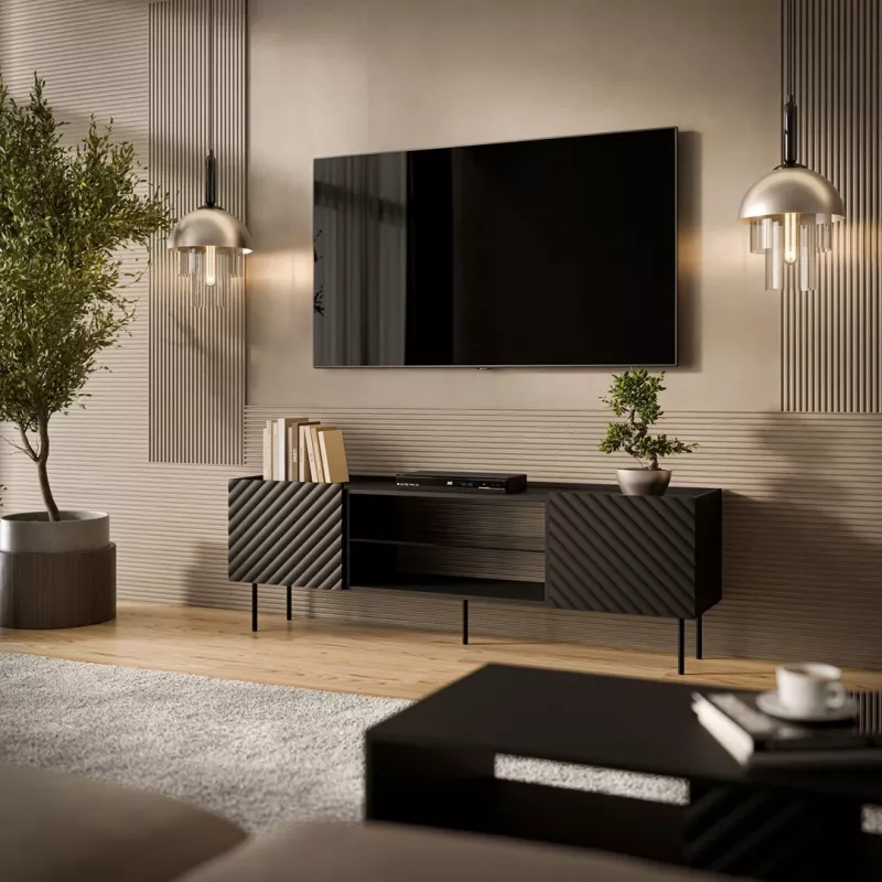 TV-taso cama meble LUCCA 180x40x59 cm, musta lastulevypinta, musta kehys