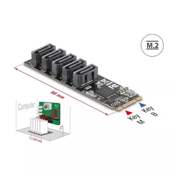 Sisäinen SATA-sovitin DELOCK 64241 M.2 (Key B+M) 5x SATA:an JMicron JMB585:llä, LED-ilmaisimet, PC:lle