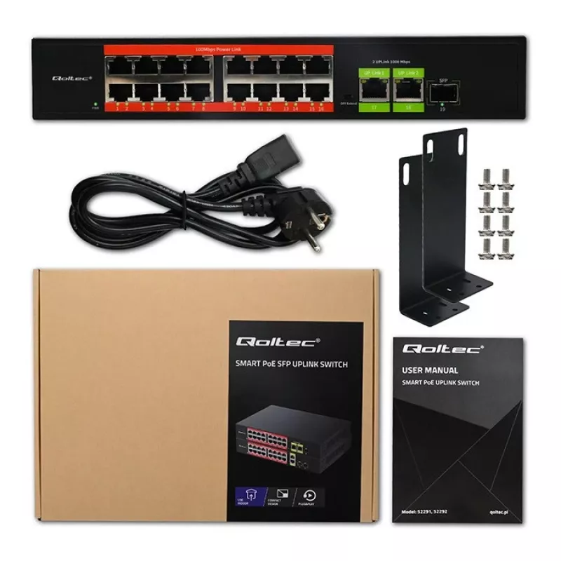 Ethernet PoE -kytkin QOLTEC 16x RJ45, 2x RJ45 uplink, 1x SFP (MPN 52291)