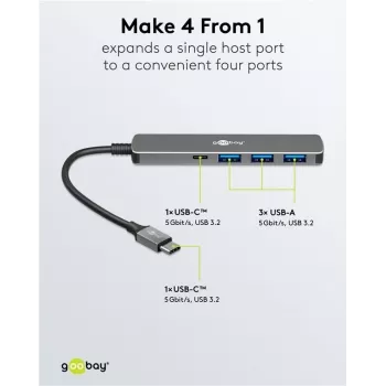Goobay ohut 4-porttinen USB-keskitin USB-C – USB-A 5 Gbit/s - -pistoke USB 3.2> (79158)