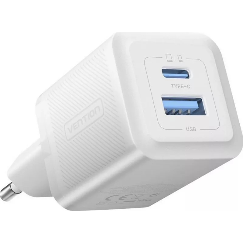 Vention 30W -laturi GaN-teknologialla, 1x USB-A, 1x USB-C (valkoinen)