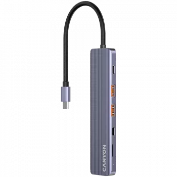 USB Type-C -keskitin CANYON DS-17 — HDMI, USB 3.2 Gen 1 A, USB-C, MicroSD, 10000 Mbit/s, harmaa