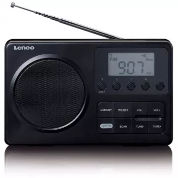 Kannettava radio Lenco MPR-035BK — FM/AM, verkko- ja paristokäyttö, 2,5 tuuman LCD, 20 FM-aseman muisti, 3,5 mm lähtö