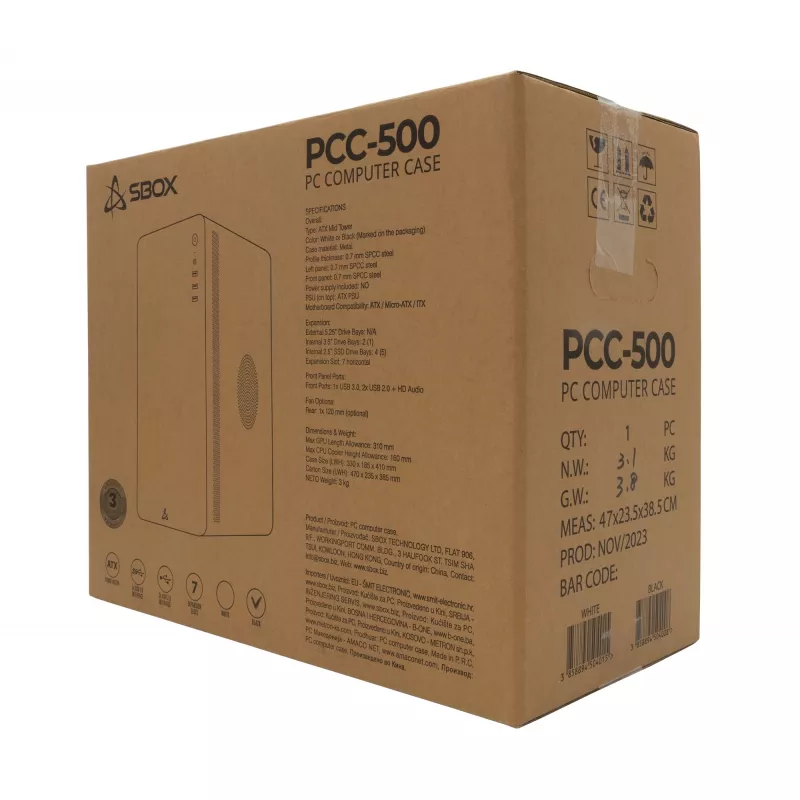 Tietokonekotelo Sbox PCC-500 musta ATX
