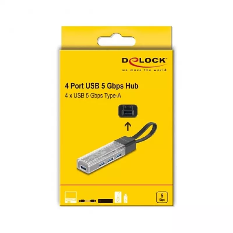 DELOCK USB 3.2 Gen 1 (3.1 Gen 1) 4-porttinen keskitin Type-A + Type-C -isännällä (5000 Mbit/s) musta/läpinäkyvä