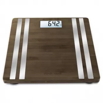 Medisana BS 552 -elektroninen henkilövaaka — hopeanvärinen bambupinnalla, enintään 180 kg, 100 g:n tarkkuus, Bluetooth, BMI, kehonkoostumus
