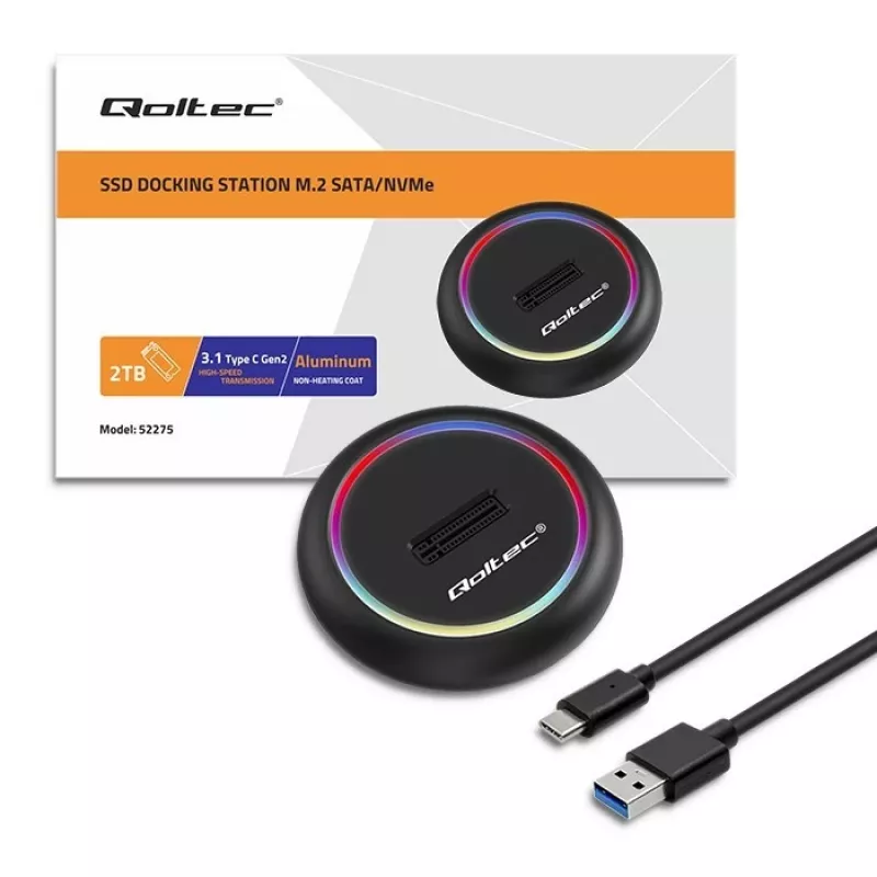 M.2 SSD-telakka QOLTEC 52275 SATA- ja NVMe-asemille, USB-liitäntä