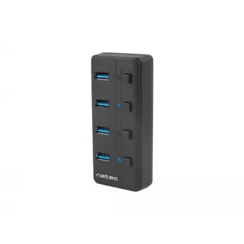 USB-keskitin NATEC MANTIS USB 2.0 Type-B — 4x USB 3.2 Gen 1 Type-A liitäntää, musta, 0,8 m kaapeli, virtalähde, virtakytkin