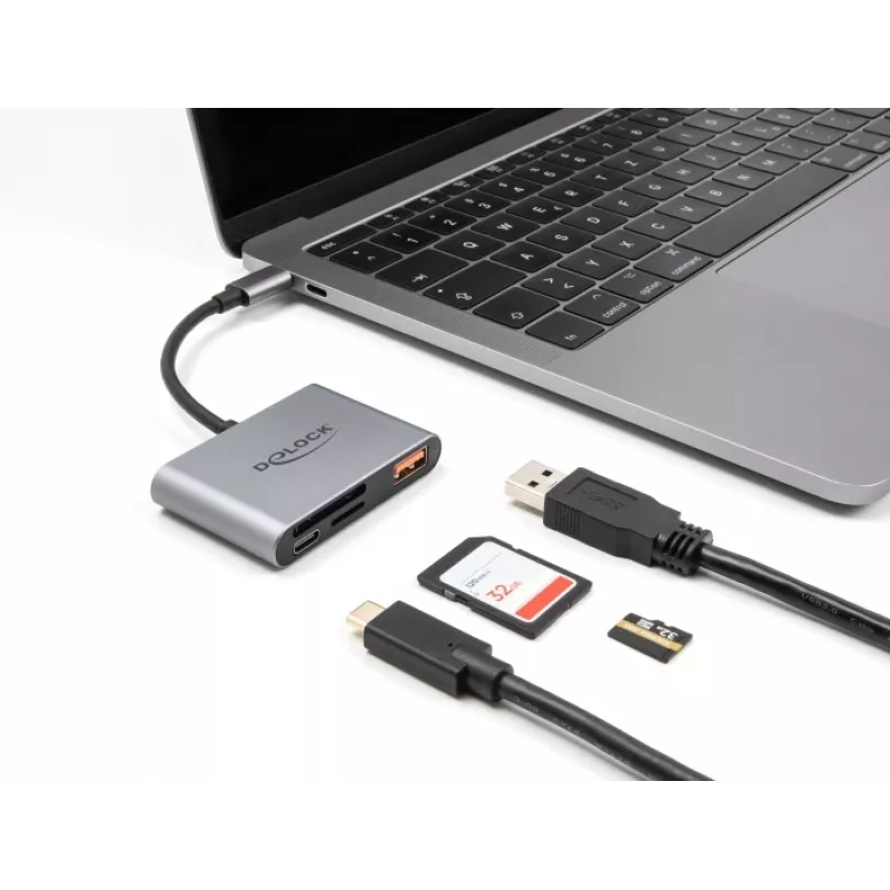 Delock 91016 USB-C-kortinlukija SD- ja microSD-korteille USB-A-portilla ja USB-C PD:llä