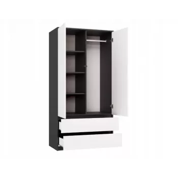 Vaatekaappi top e shop MALWA SS-90, 90×180×50 cm, antrasiittirunko, valkoiset kierto-ovet, 2 laatikkoa, laminaatti 16 mm