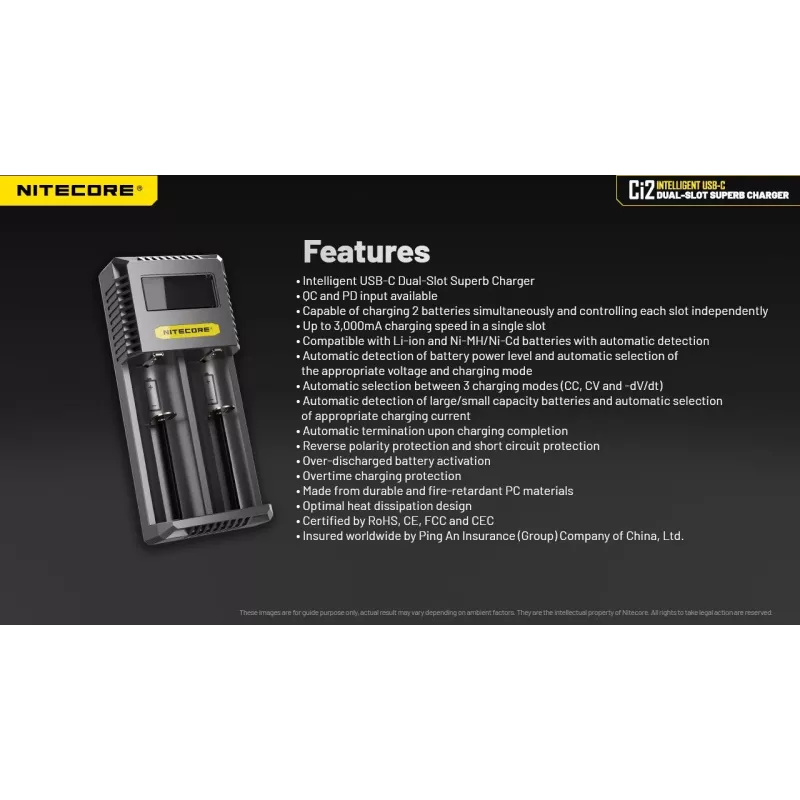 Akkulaturi Nitecore Ci12 yleislaturi USB Li‑Ion, NiCd, NiMH, 3A tulo 5/9/12V, muovikotelo